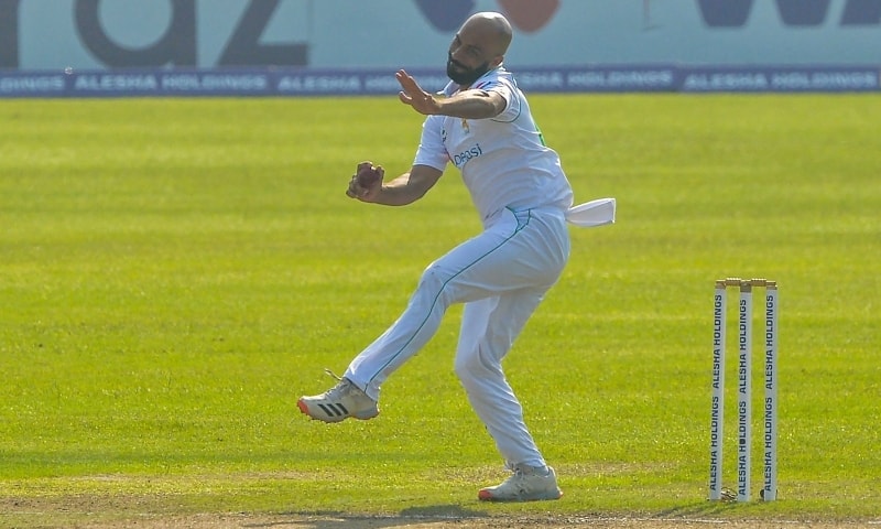 In this file photo, Sajid Khan delivers a ball during the final day of the second Test cricket match between Bangladesh and Pakistan at the Sher-e-Bangla National Cricket Stadium in Dhaka, Bangladesh, Dec 8, 2021. — AFP