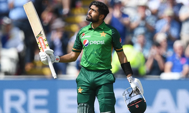 Babar Azam celebrates reaching his century during the third ODI match between England and Pakistan at Edgbaston cricket ground in Birmingham on July 13. — AFP