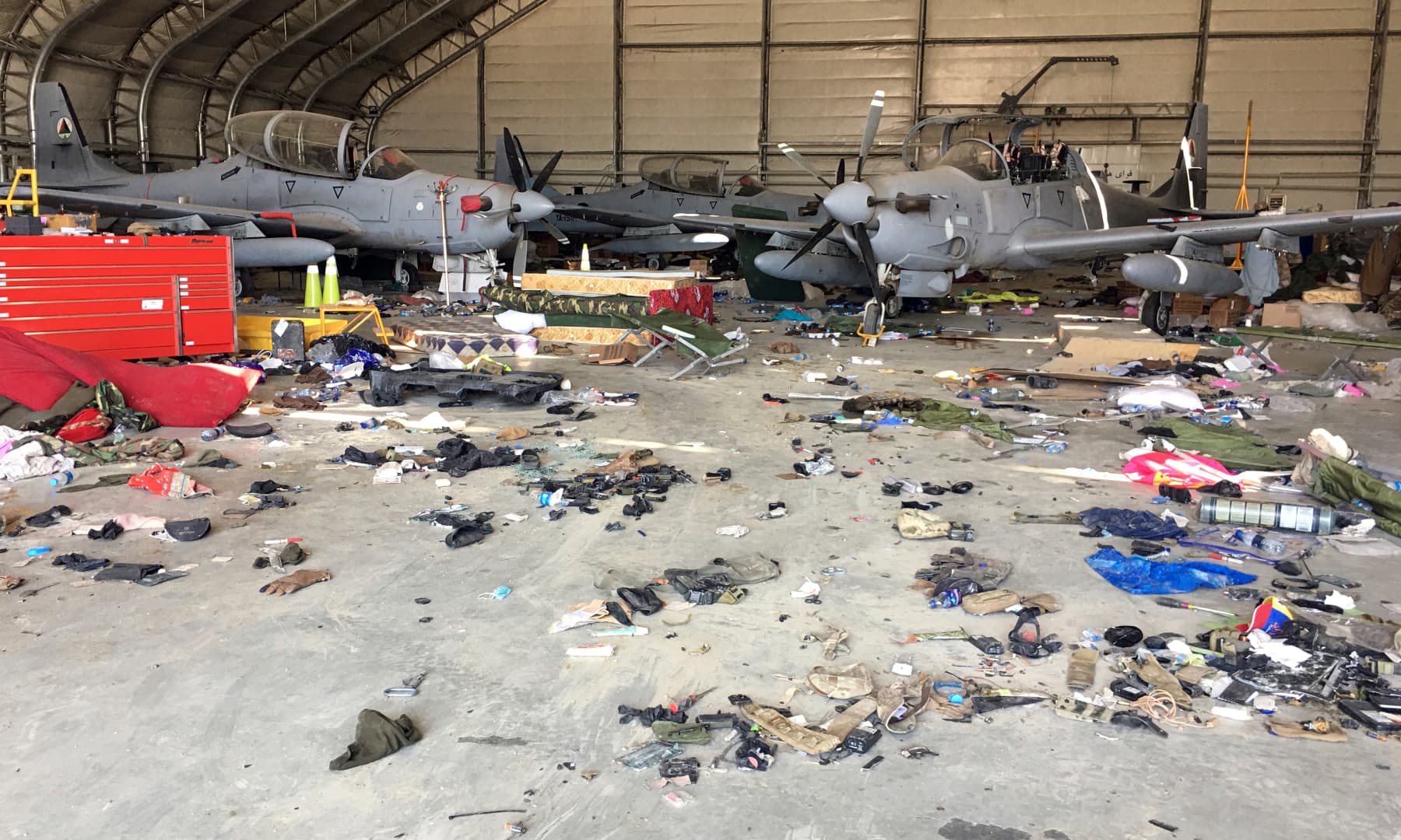 Damaged Afghan military aircraft are seen after the Taliban's takeover inside the Hamid Karzai International Airport in Kabul, Afghanistan on September 5, 2021. — AP