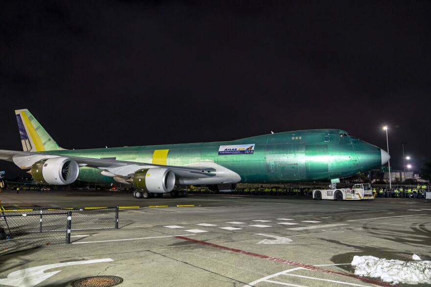 A last Boeing 747, a cargo freighter destined for Atlas Air, is seen during an event at the company's facility in Everett, Wash., on Tuesday.