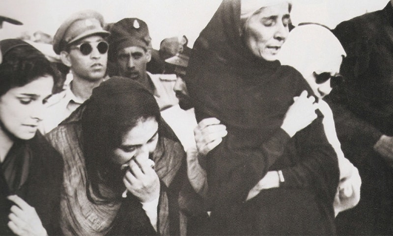 Dina Wadia (extreme left), Quaid-i-Azam Mohammad Ali Jinnah’s only daughter, flew in from Delhi to attend her father’s funeral. Seen on her left are Lady Ghulam Hussain Hidayatullah, Miss Fatima Jinnah, and Lady Nusrat Haroon. All were clearly and understandably unable to hold back their tears as they grieved Quaid-i-Azam Jinnah’s death.—Courtesy The Press Information Department, Ministry of Information, Broadcasting & National Heritage, Islamabad.