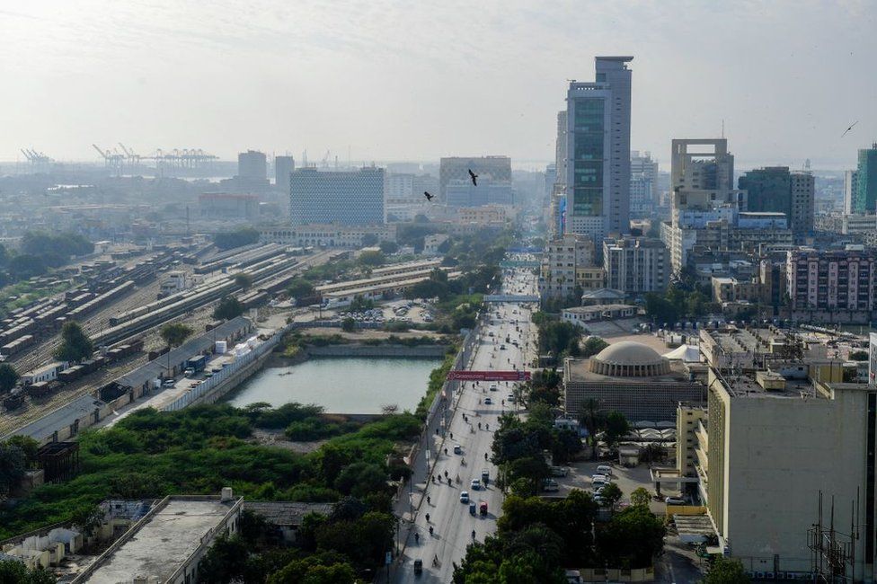 An aerial view of the commercial district of Pakistan's port city of Karachi on January 27, 2023.