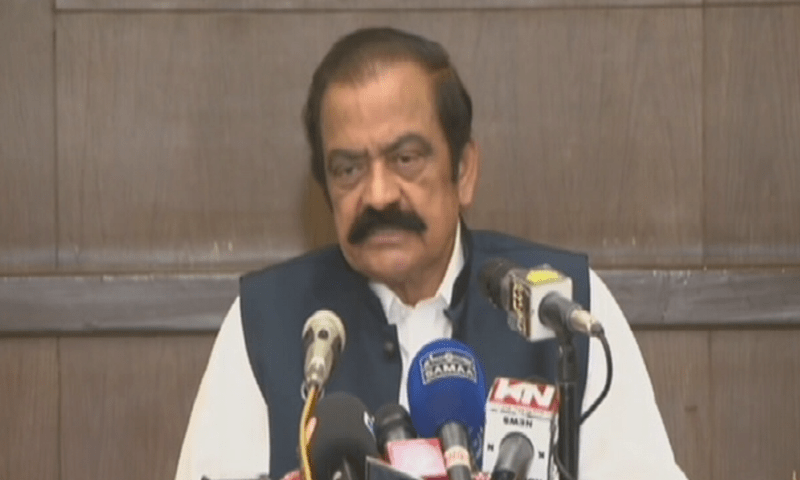  Interior Minister Rana Sanaullah addresses a press conference in Lahore on Saturday. — DawnNewsTV