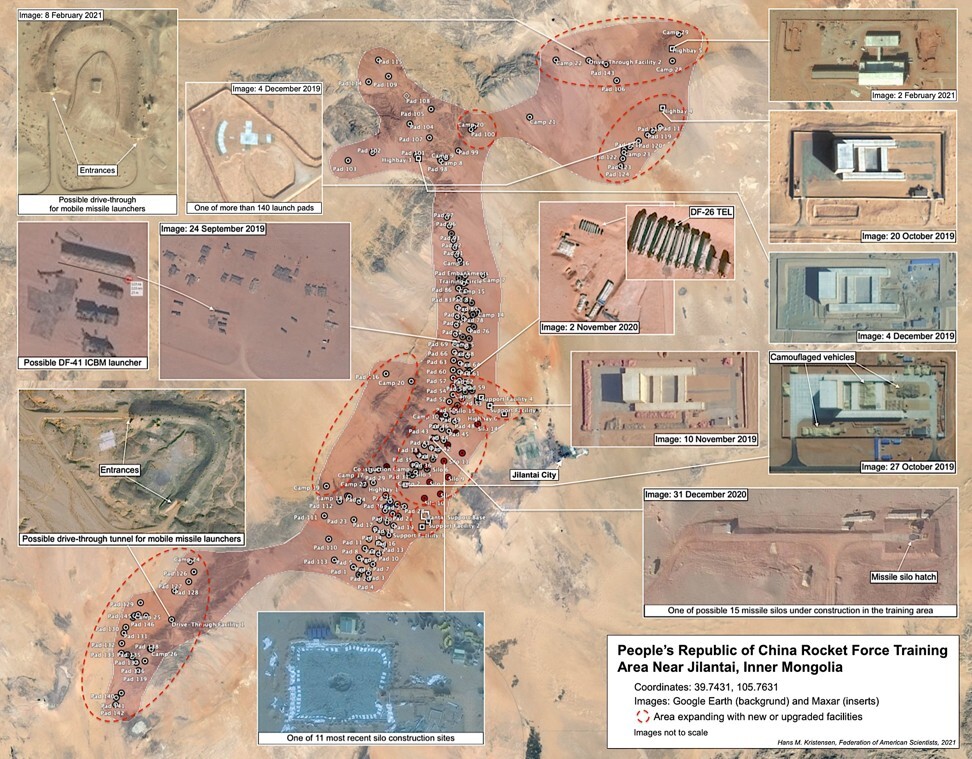 Satellite images show at least 16 silos are being built in the PLA Rocket Force training area in Inner Mongolia. Photo: FAS