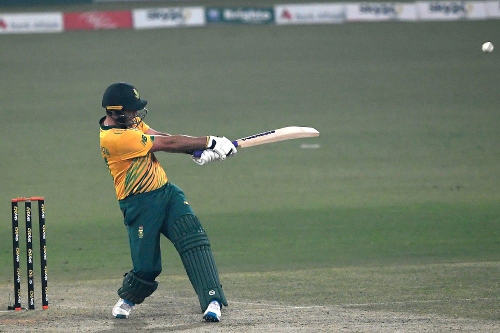 South Africa's Pite van Biljon plays a shot during the second T20 international cricket match between Pakistan and South Africa at the Gaddafi Cricket Stadium in Lahore on February 13. — AFP