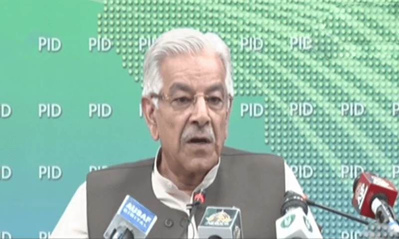 <p>Defence Minister Khawaja Asif addresses a press conference in Islamabad on Wednesday. — DawnNewsTV</p>